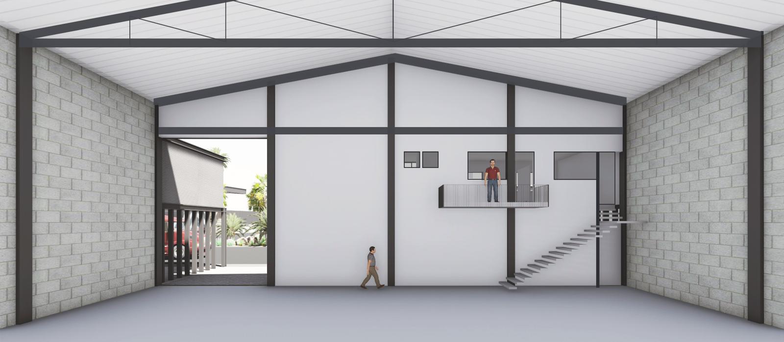 Render interior de bodega con estructura metálica y mezzanine de oficinas