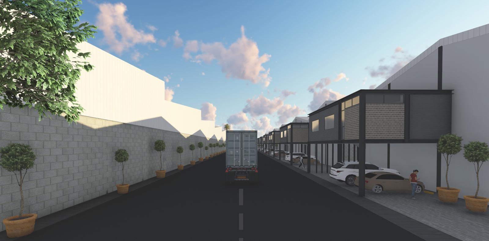 Render de la calle interior del conjunto de bodegas de 900 m²