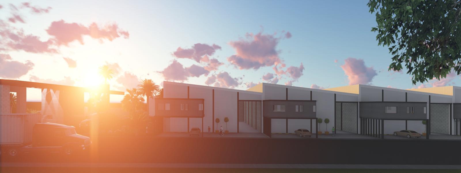 Render del conjunto de bodegas industriales al atardecer